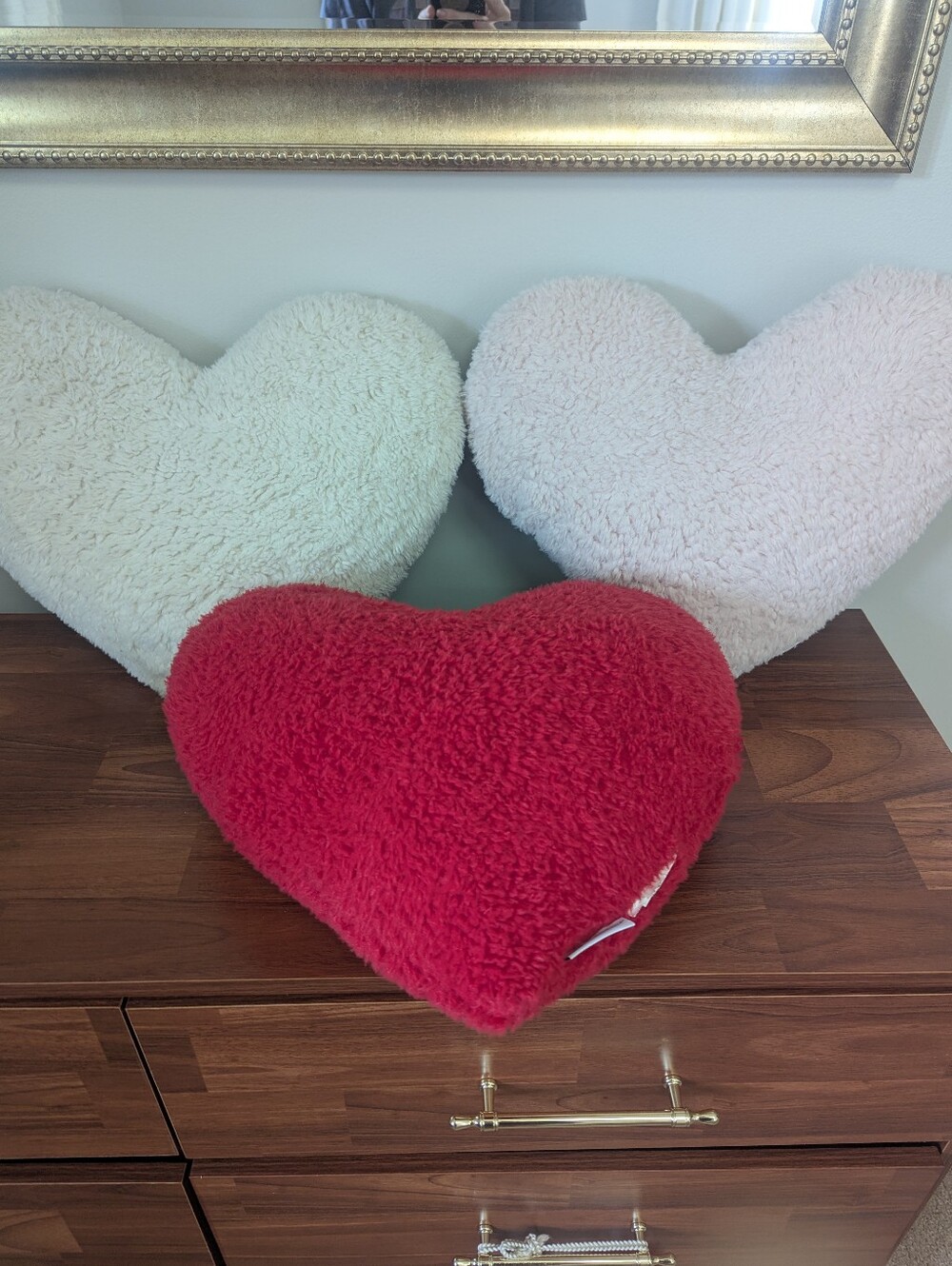 3 Plush Heart Throw Pillows -Red Faux Shearling